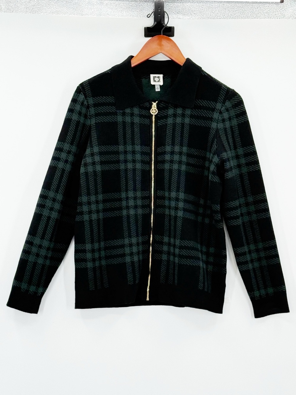 Anne Klein Black Green Plaid Full Zip Sweater Jacket Gold Logo Size Small